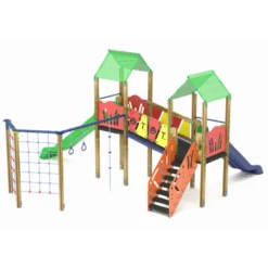 PARQUE INFANTIL MINI PUEBLO CON GIMNASIO Y DOBLE TOBOGAN 35T5DD